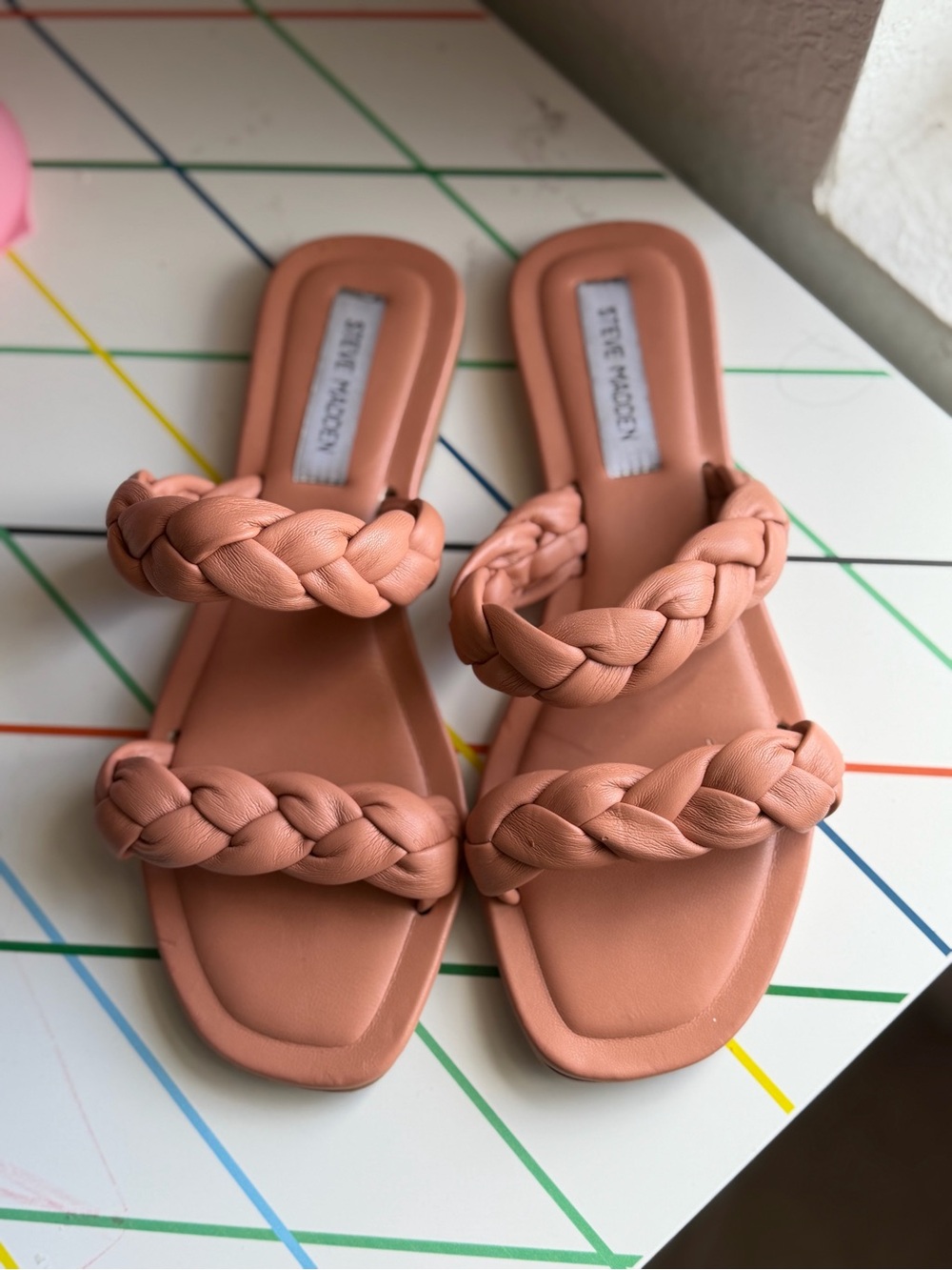 Steve Madden Braided Double-Strap Slide Sandals in Coral